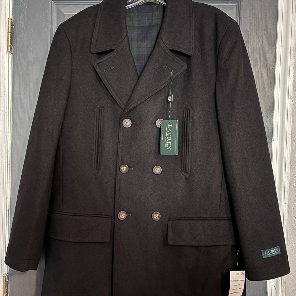 Lauren Ralph Lauren Double-Breasted Black Overcoat 40R NWT